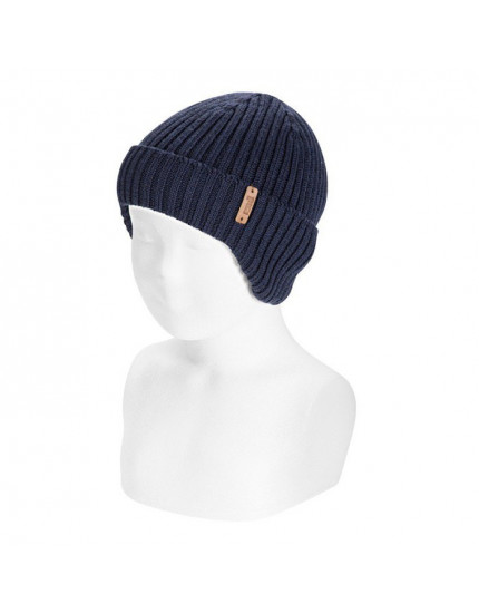 Merino wool rib knit hat with earflaps Marine 946