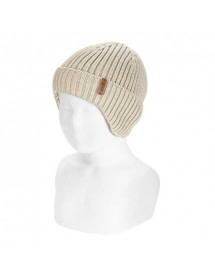 Merino wool rib knit hat with earflaps Nougat 981