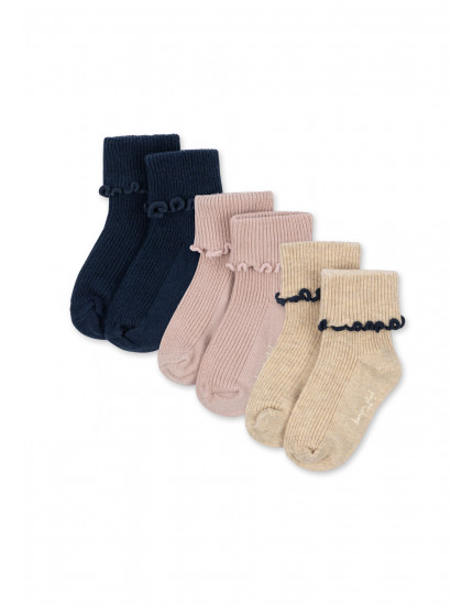 3 Pack Rib Frill Socks Navy/Cream/Blush