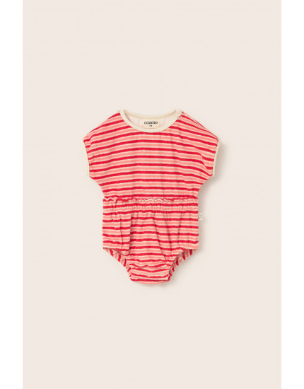 Striped Terry Baby Romper Pink Tomato 12M