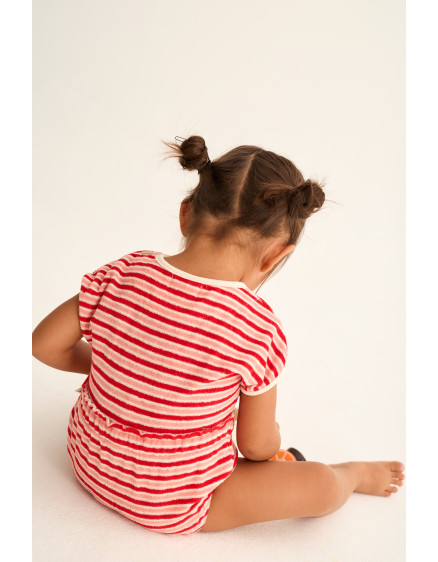 Striped Terry Baby Romper Pink Tomato 2