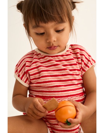 Striped Terry Baby Romper Pink Tomato 3