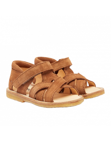 Cross Sandal with Open Toe and Velcro Closure Cognac