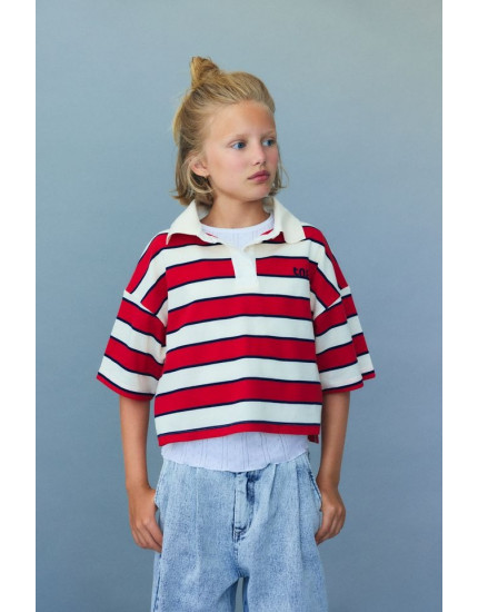 Acacia Teen Polo Tulip Red Midnight Stripes 10Y