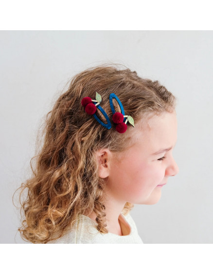 Pom Pom Cherries Hair Clips Teal 2