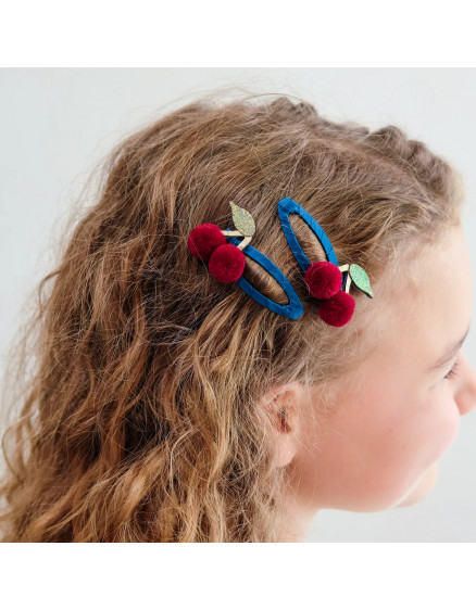 Pom Pom Cherries Hair Clips Teal 3